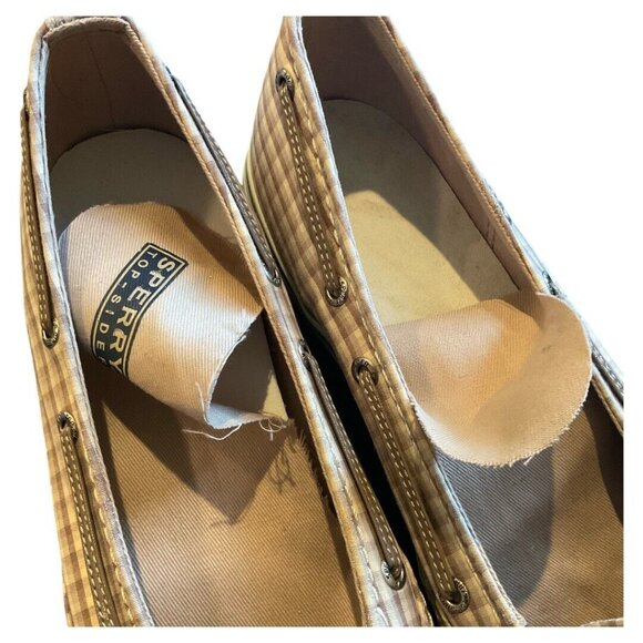 Sperry Top Sider Slip Ons Plaid Peach Brown & Cream Shoes size 9M - Picture 8 of 8